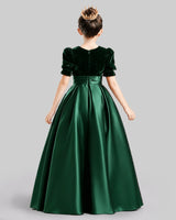 Emerald Green Velvet Satin A-Line Girls Formal Dresses Back View