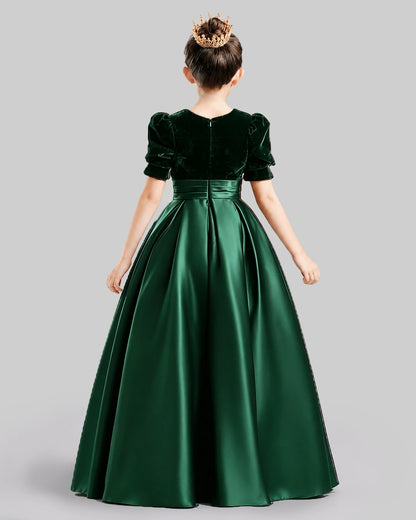 Dideyttawl Girls Formal Dress with Velvet Puff Sleeves and Satin A-Line Skirt