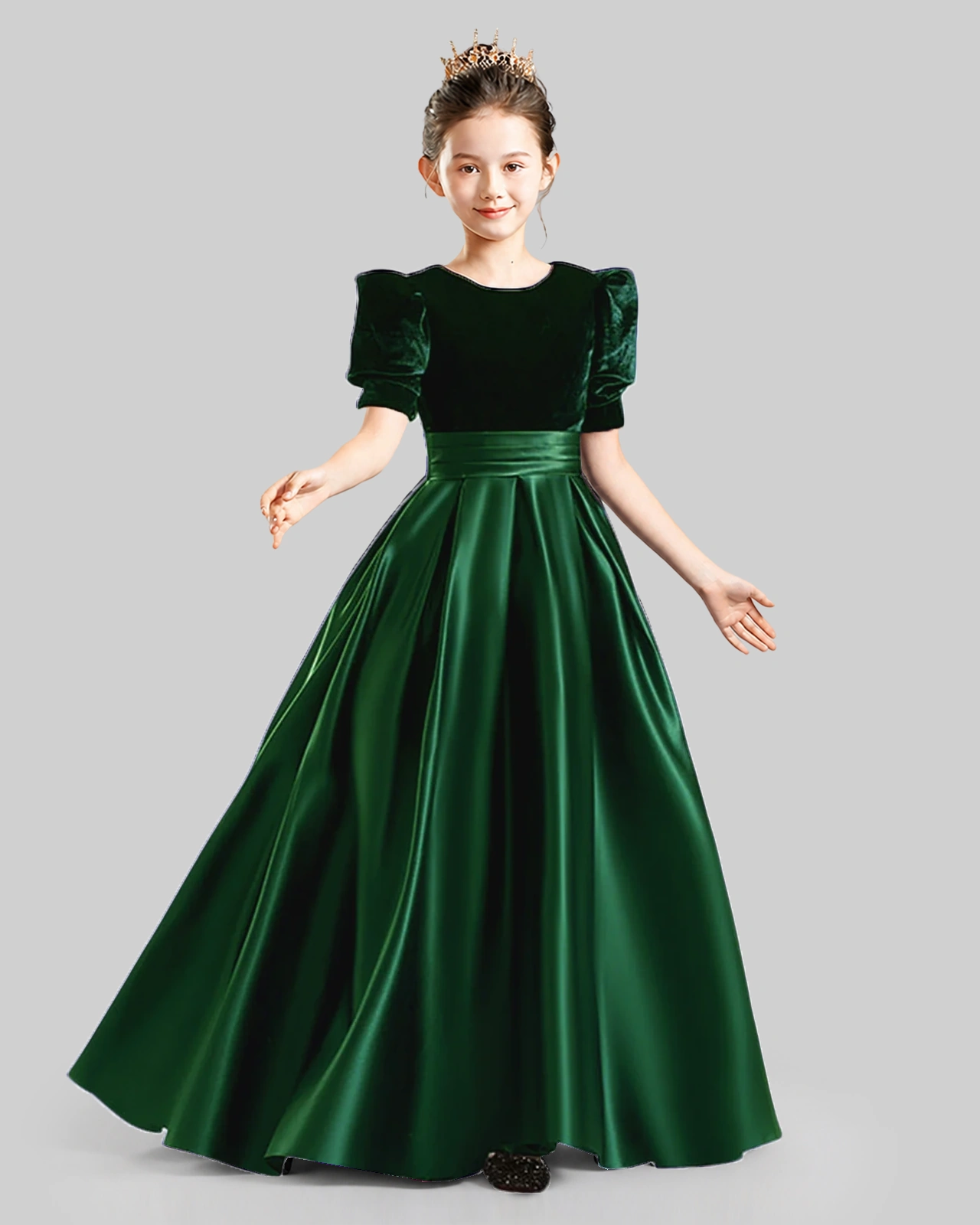 Dideyttawl Girls Formal Dress with Velvet Puff Sleeves and Satin A-Line Skirt
