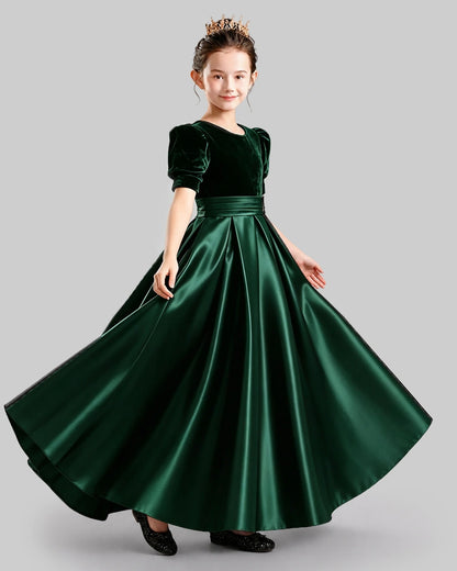 Dideyttawl Girls Formal Dress with Velvet Puff Sleeves and Satin A-Line Skirt