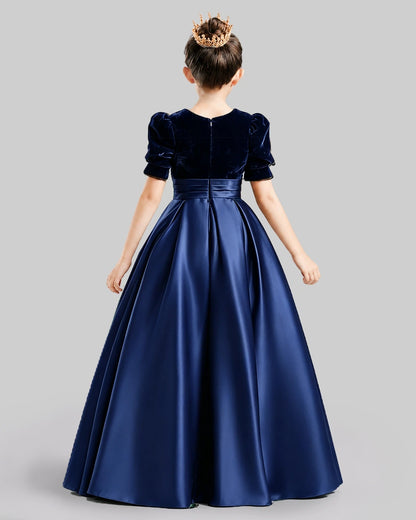 Dideyttawl Girls Formal Dress with Velvet Puff Sleeves and Satin A-Line Skirt