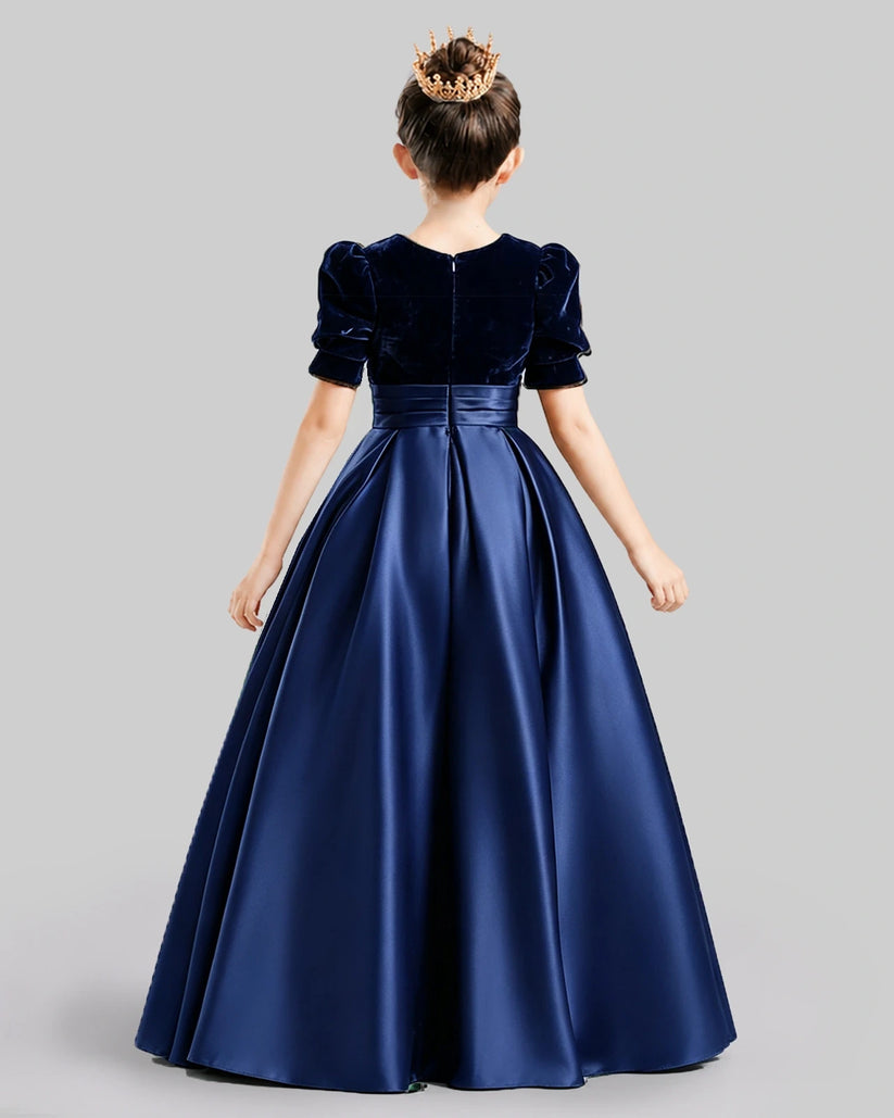 Navy Blue Velvet And Satin A-Line Dress Girls Formal Dresses Back View