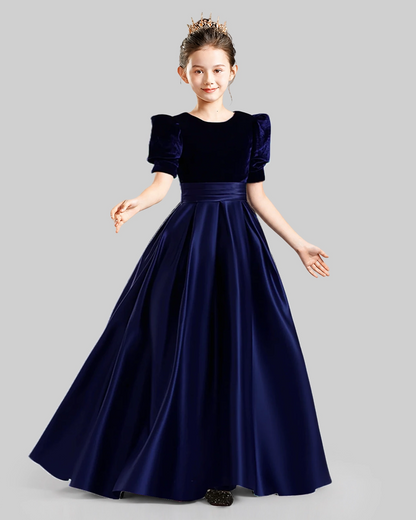 Dideyttawl Girls Formal Dress with Velvet Puff Sleeves and Satin A-Line Skirt