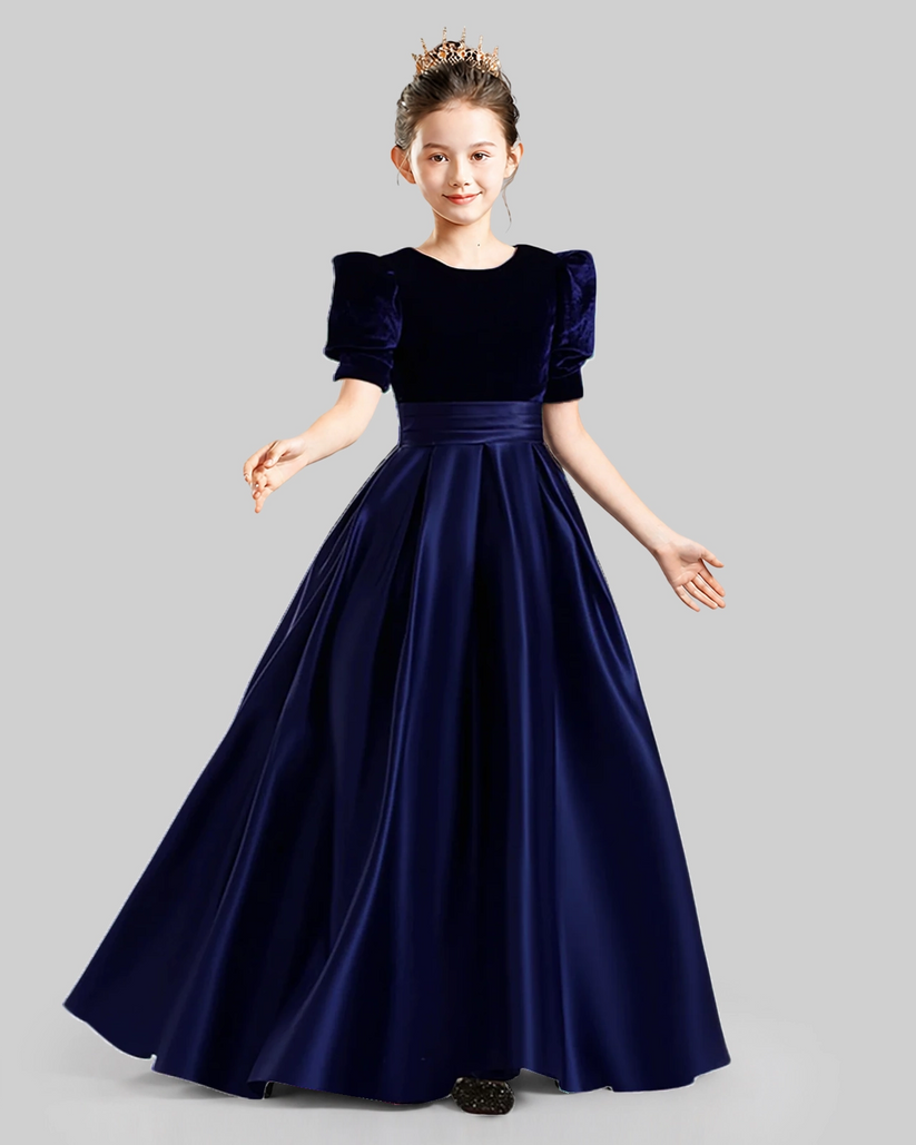 Navy Blue Velvet and Satin Puff Sleeve Girls Formal Dresses Front View