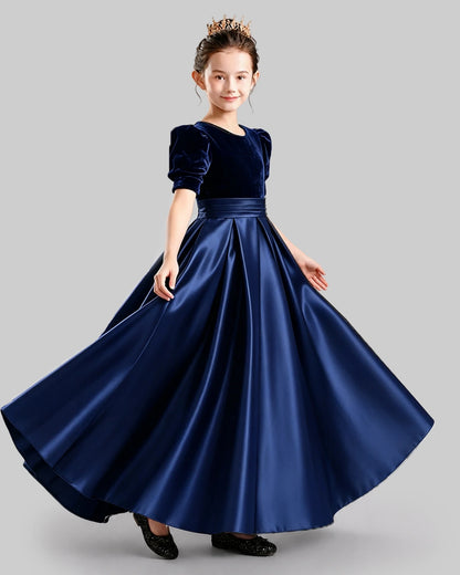Dideyttawl Girls Formal Dress with Velvet Puff Sleeves and Satin A-Line Skirt