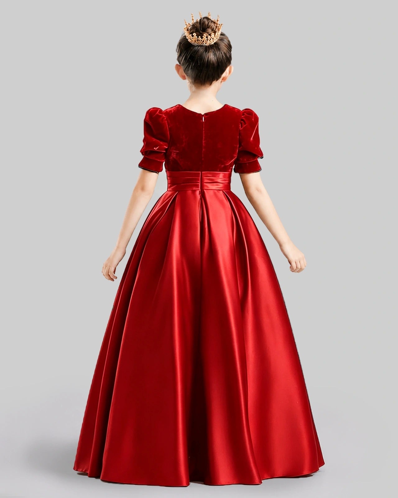 Dideyttawl Girls Formal Dress with Velvet Puff Sleeves and Satin A-Line Skirt