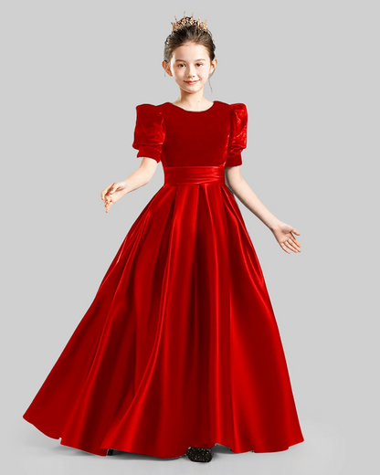 Dideyttawl Girls Formal Dress with Velvet Puff Sleeves and Satin A-Line Skirt