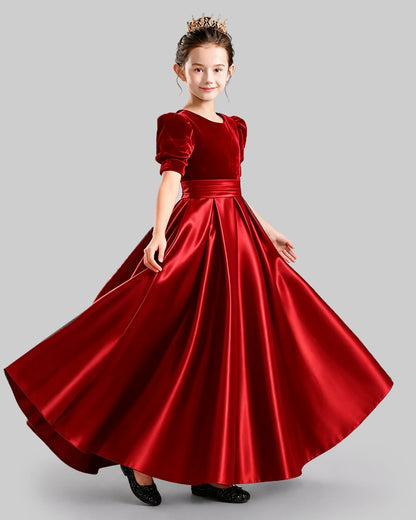 Dideyttawl Girls Formal Dress with Velvet Puff Sleeves and Satin A-Line Skirt