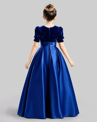 Dideyttawl Girls Formal Dress with Velvet Puff Sleeves and Satin A-Line Skirt
