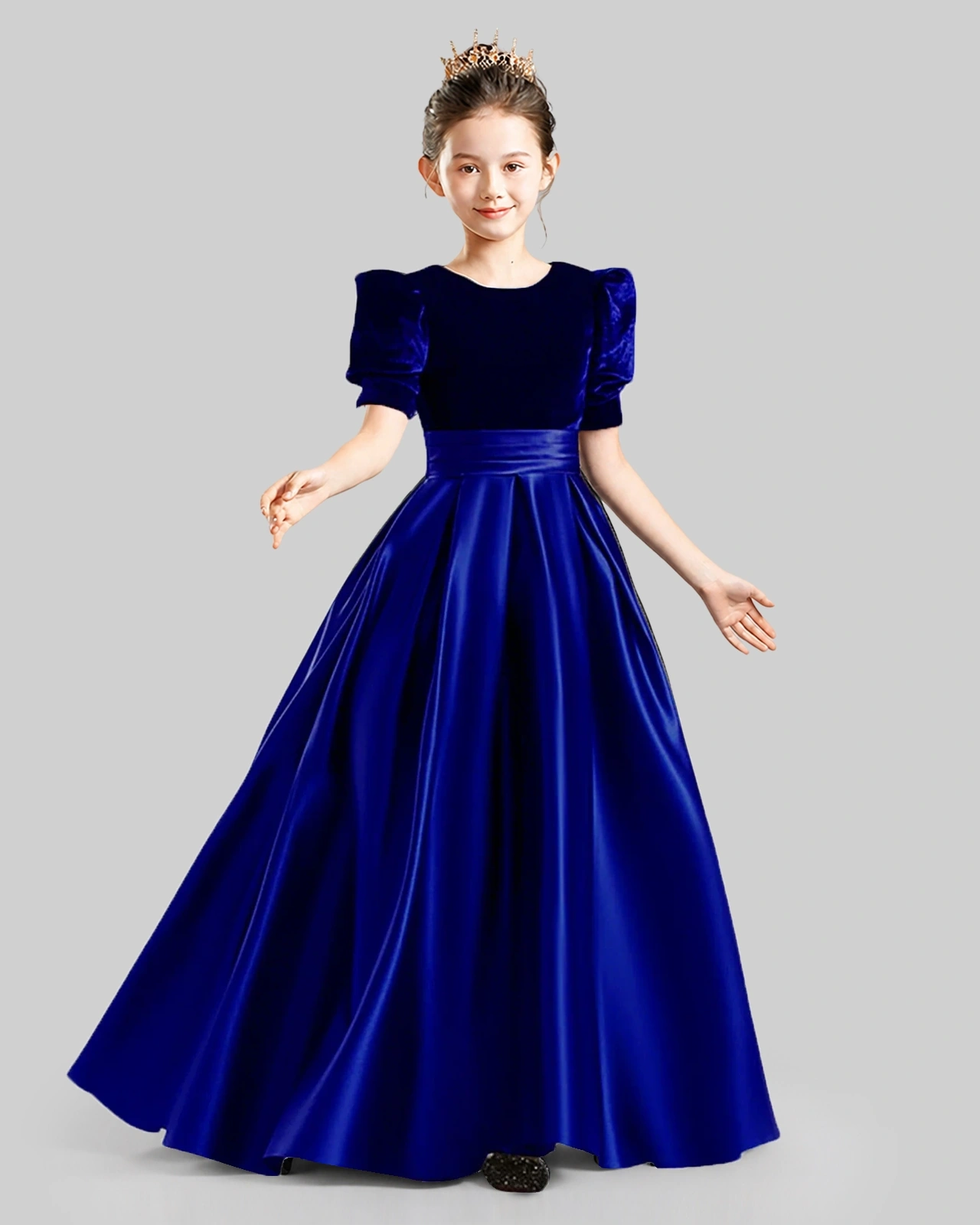 Dideyttawl Girls Formal Dress with Velvet Puff Sleeves and Satin A-Line Skirt