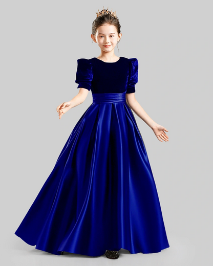 Dideyttawl Girls Formal Dress with Velvet Puff Sleeves and Satin A-Line Skirt