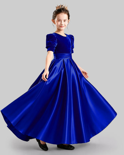 Dideyttawl Girls Formal Dress with Velvet Puff Sleeves and Satin A-Line Skirt