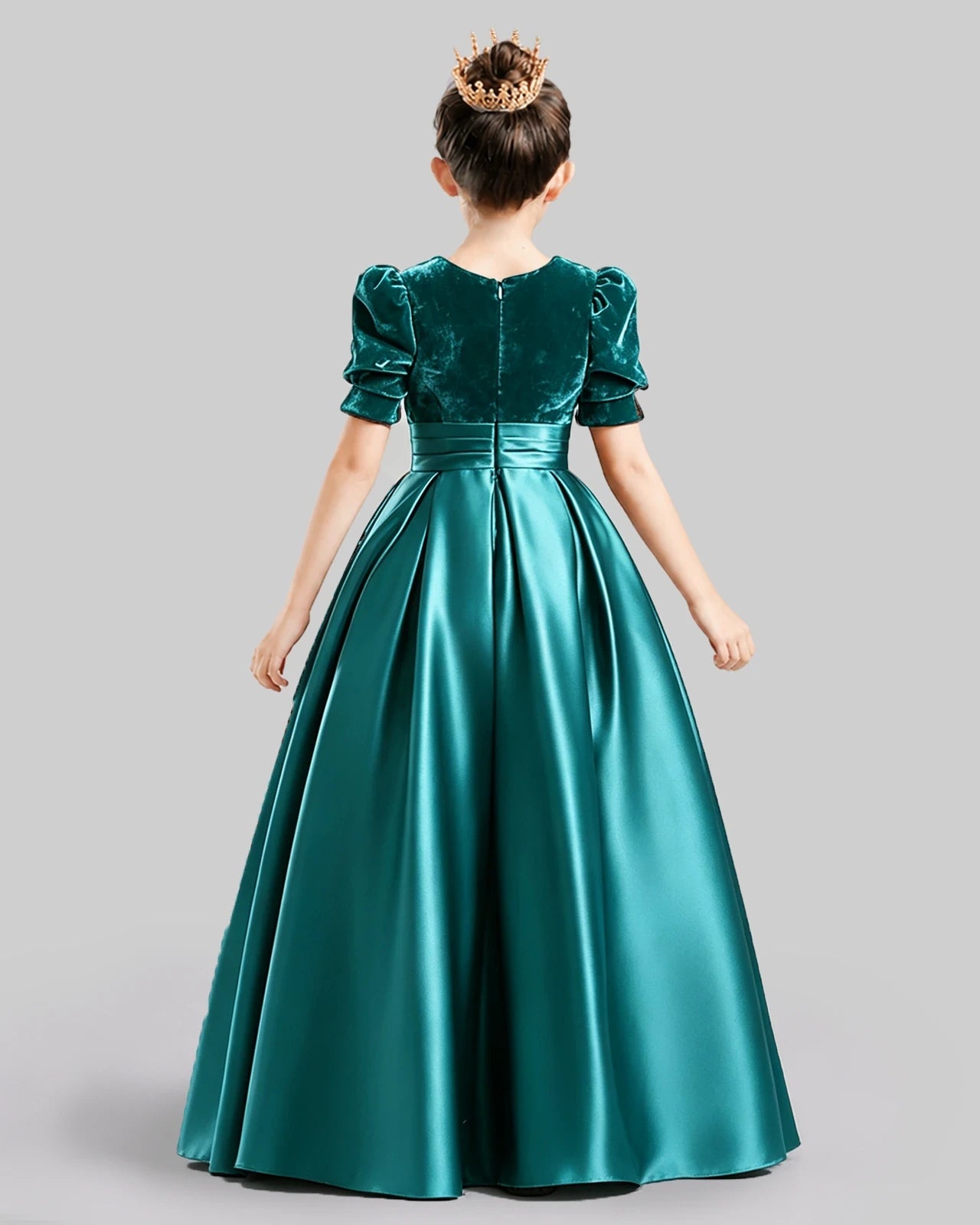 Dideyttawl Girls Formal Dress with Velvet Puff Sleeves and Satin A-Line Skirt