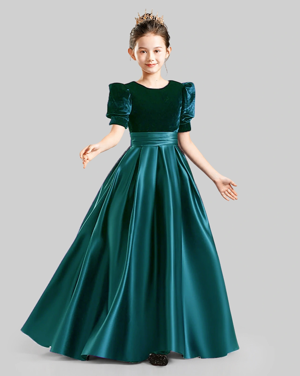 Dideyttawl Girls Formal Dress with Velvet Puff Sleeves and Satin A-Line Skirt