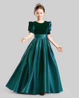 Peacock velvet and satin A-line gown Girls Formal Dresses Front View