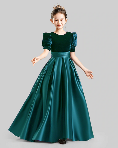 Dideyttawl Girls Formal Dress with Velvet Puff Sleeves and Satin A-Line Skirt