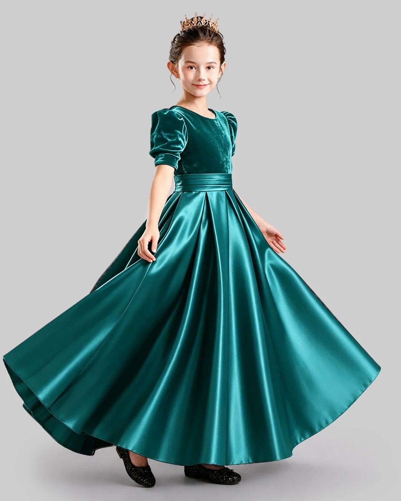 Dideyttawl Girls Formal Dress with Velvet Puff Sleeves and Satin A-Line Skirt