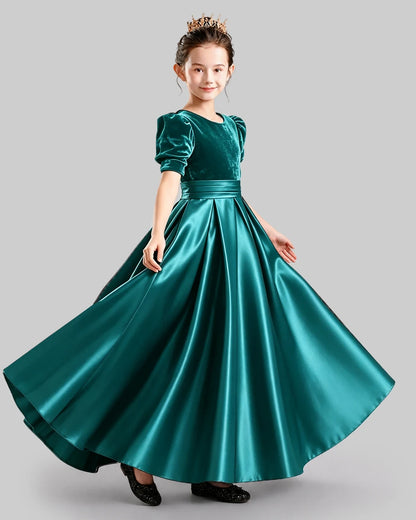 Dideyttawl Girls Formal Dress with Velvet Puff Sleeves and Satin A-Line Skirt