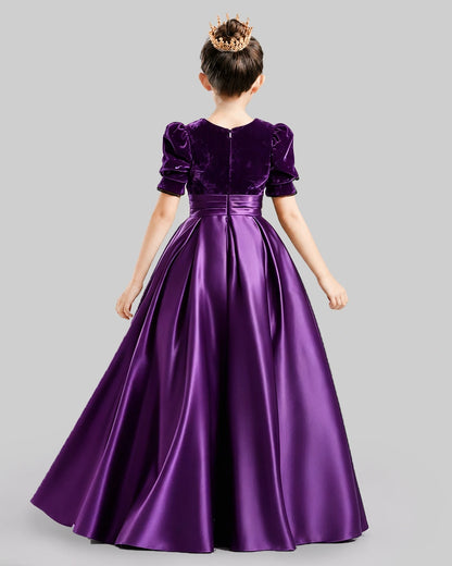Dideyttawl Girls Formal Dress with Velvet Puff Sleeves and Satin A-Line Skirt