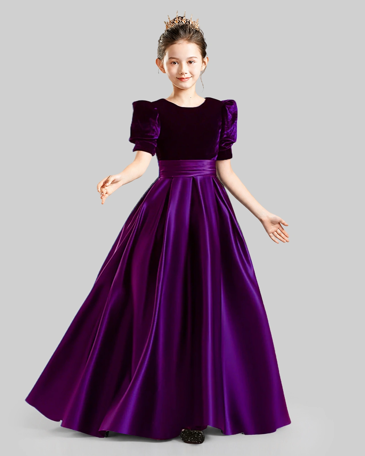 Dideyttawl Girls Formal Dress with Velvet Puff Sleeves and Satin A-Line Skirt