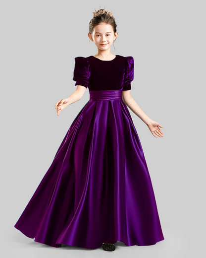 Dideyttawl Girls Formal Dress with Velvet Puff Sleeves and Satin A-Line Skirt
