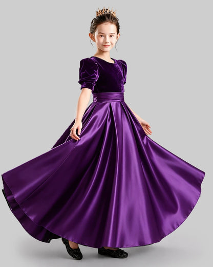 Dideyttawl Girls Formal Dress with Velvet Puff Sleeves and Satin A-Line Skirt