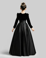 Black Velvet Satin A-line Girls Formal Dress Back View