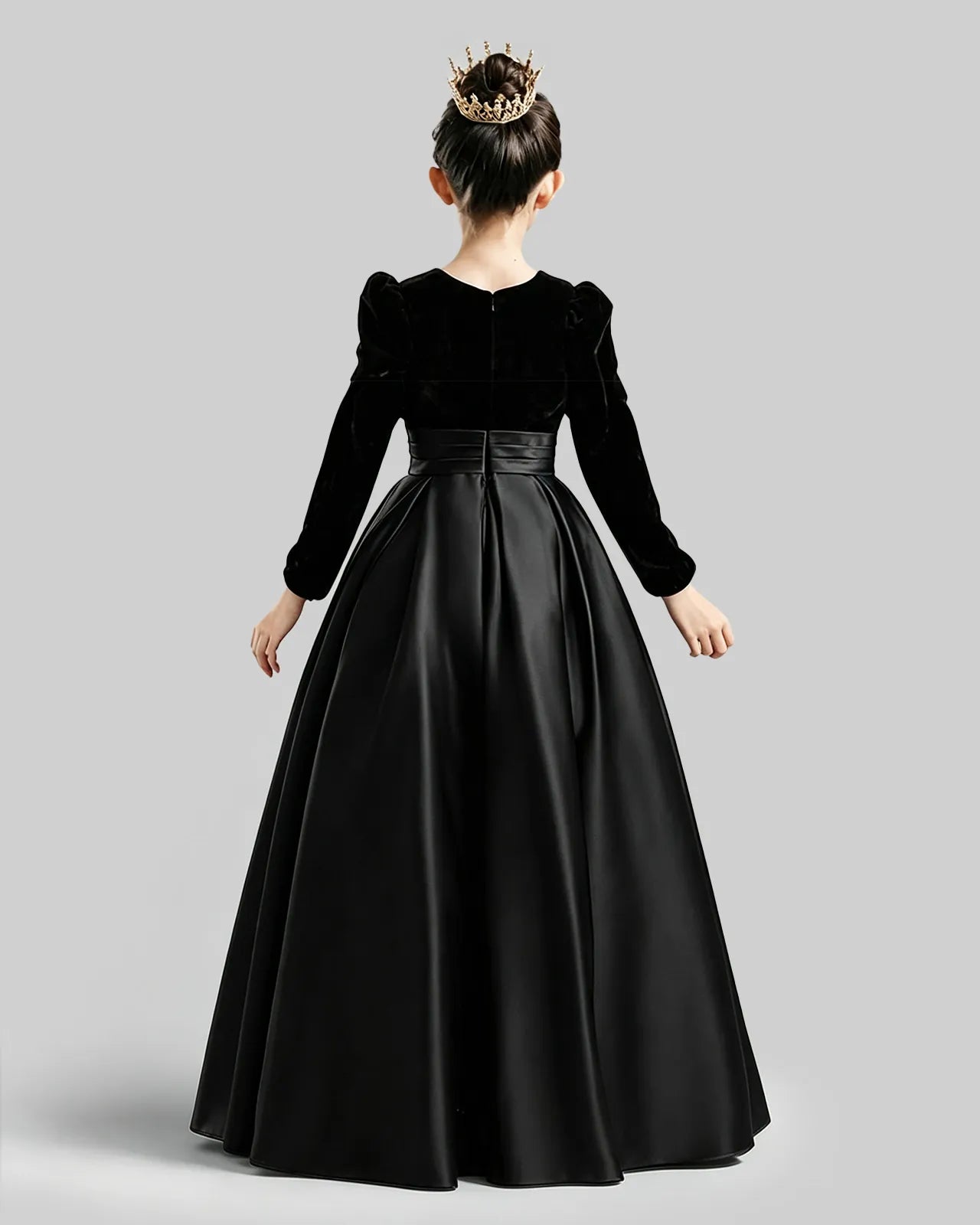 Black Velvet Satin A-line Girls Formal Dress Back View