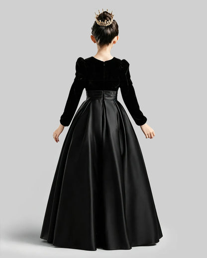 Black Velvet Satin A-line Girls Formal Dress Back View
