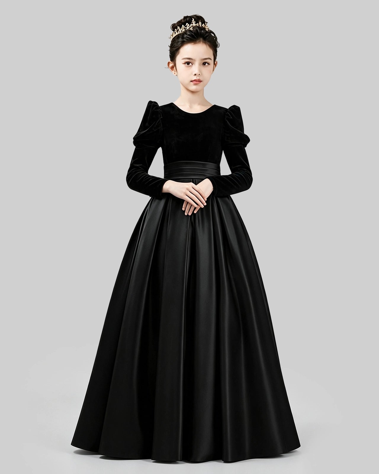 Dideyttawl Girls Formal Dress with Velvet Long Sleeves and Satin A-Line Skirt Image principale du produit