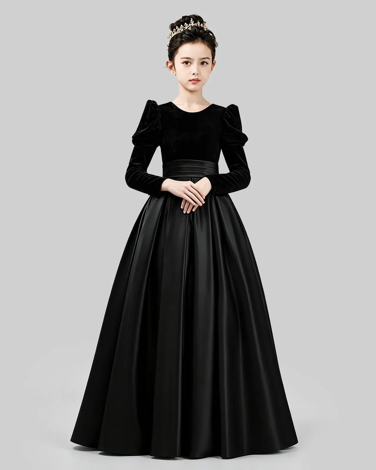 Black Velvet Satin A-line Girls Formal Dress Front View