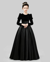 Black Velvet Satin A-line Girls Formal Dress Front View