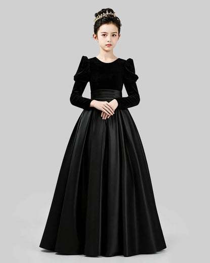 Black Velvet Satin A-line Girls Formal Dress Front View
