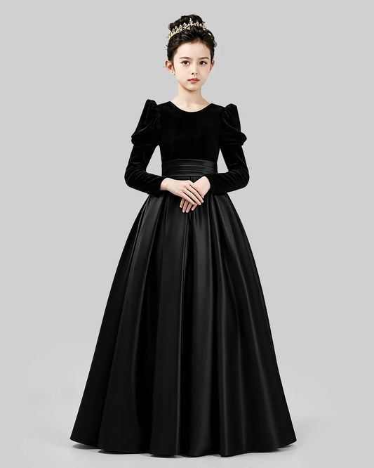 Black Velvet Satin A-line Girls Formal Dress Front View