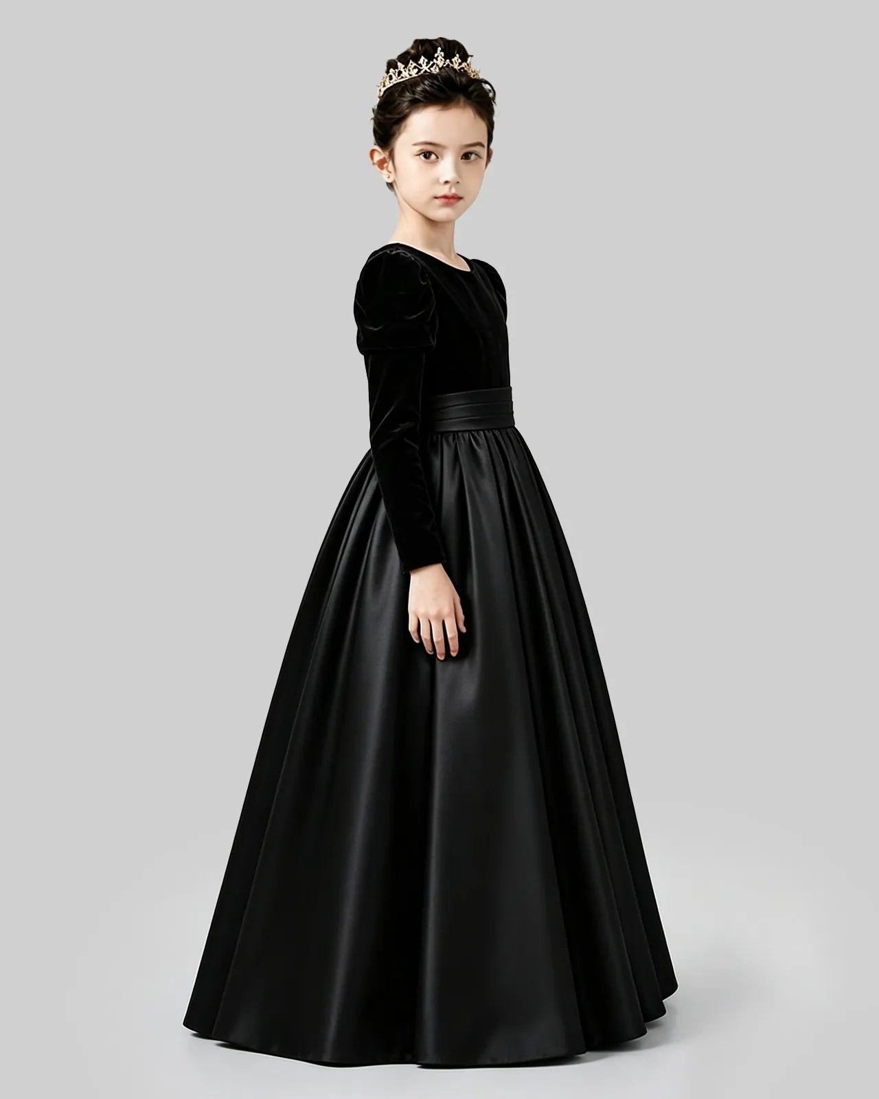 Black Velvet and Satin A-line Girls Formal Dress Side View