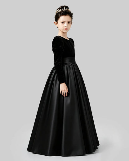Black Velvet and Satin A-line Girls Formal Dress Side View