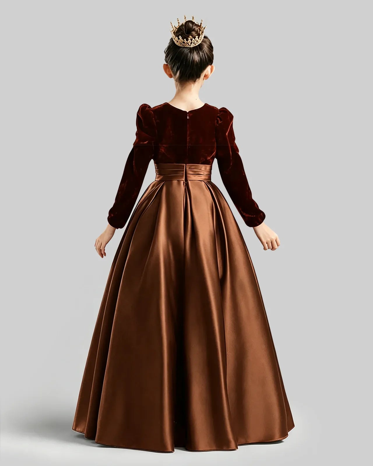 Brown Velvet Satin A-line Girls Formal Dress Back View
