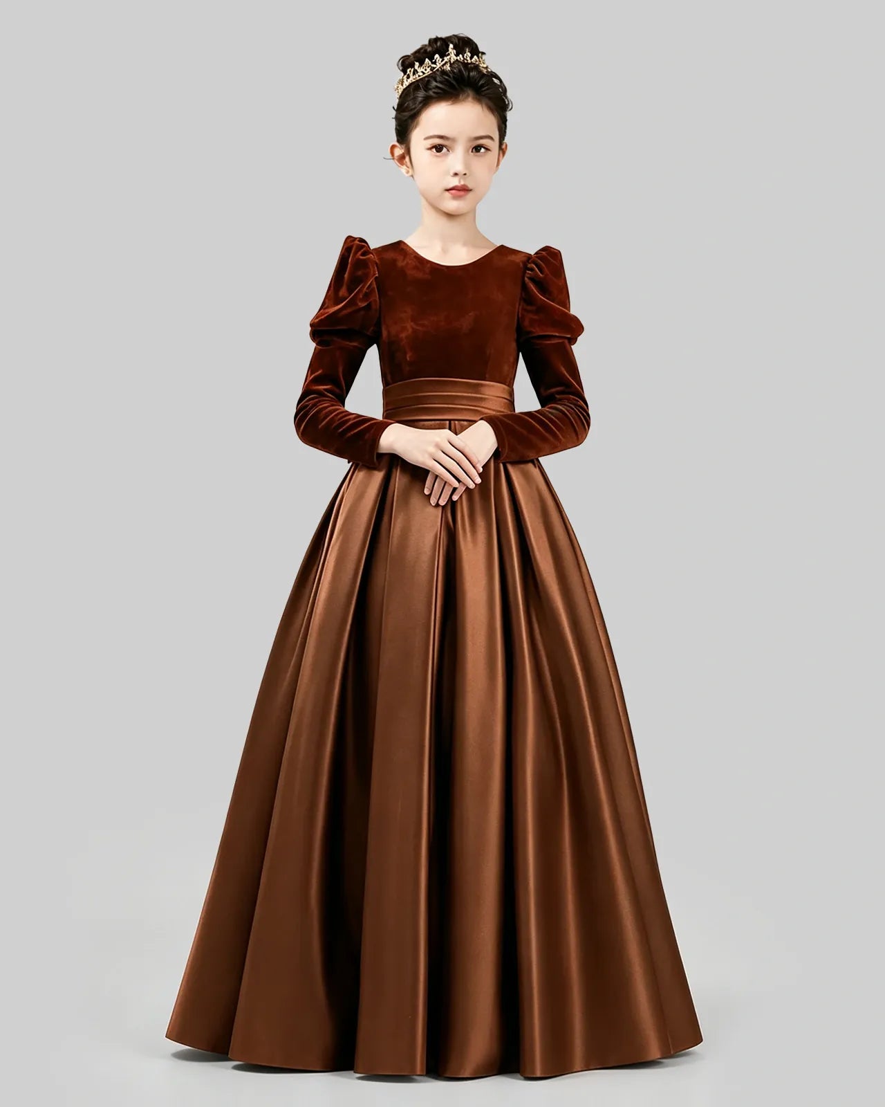 Brown Velvet Satin A-line Girls Formal Dress Front View