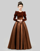 Brown Velvet Satin A-line Girls Formal Dress Front View