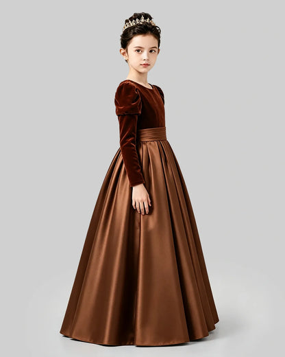Brown Velvet Satin A-line Girls Formal Dress Side View