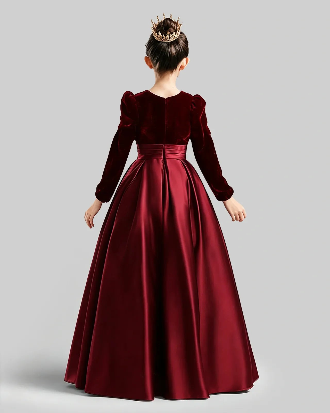 Burgundy Velvet A-line Girls Formal Dress Back View