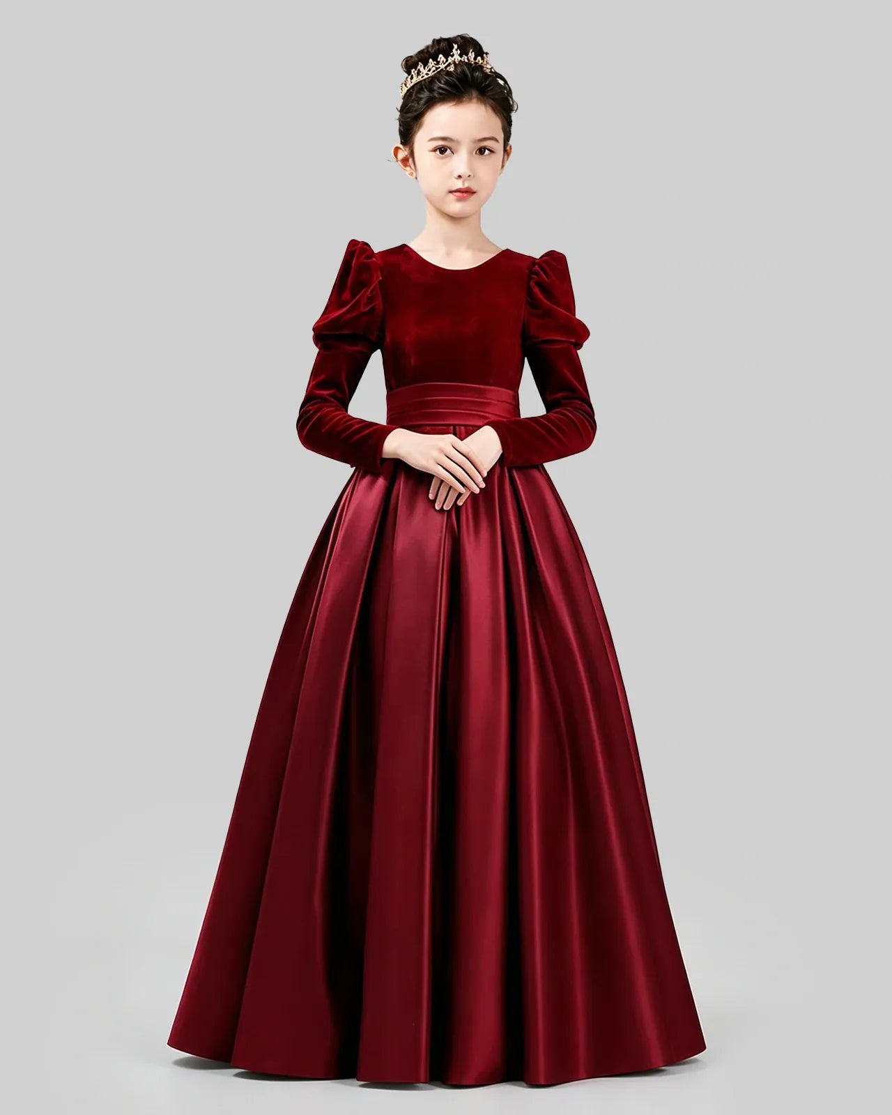 Burgundy Velvet Satin A-line Girls Formal Dress Front View