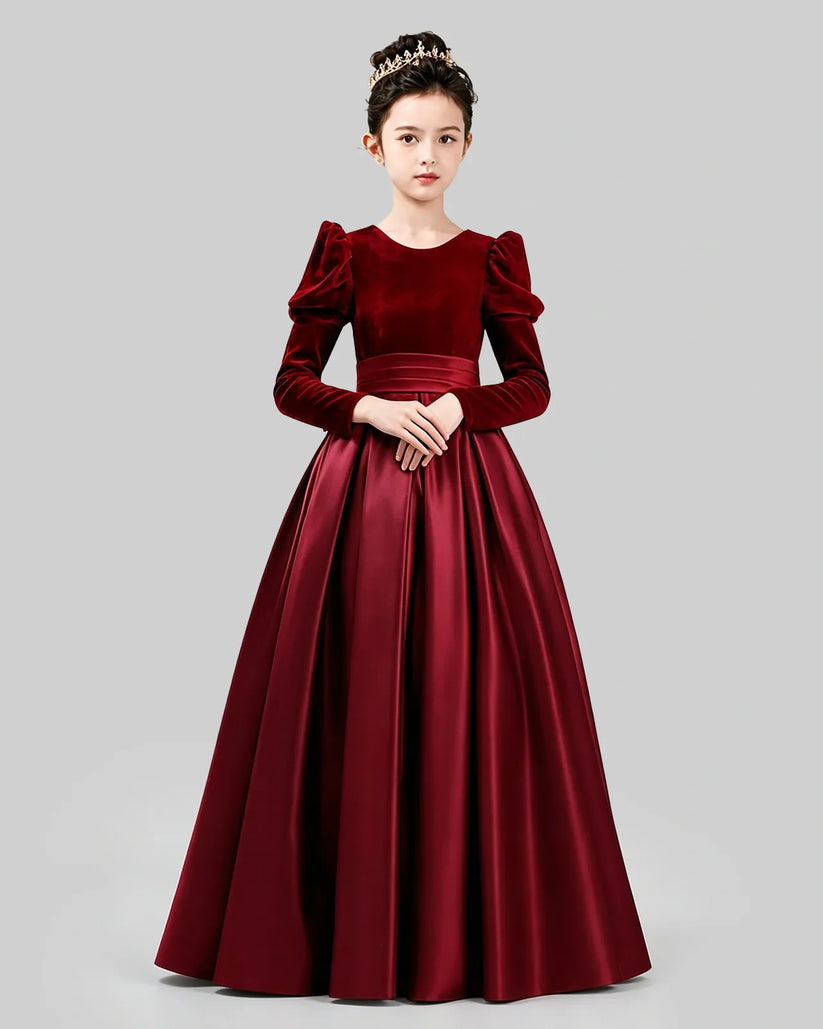 Burgundy Velvet Satin A-line Girls Formal Dress Front View