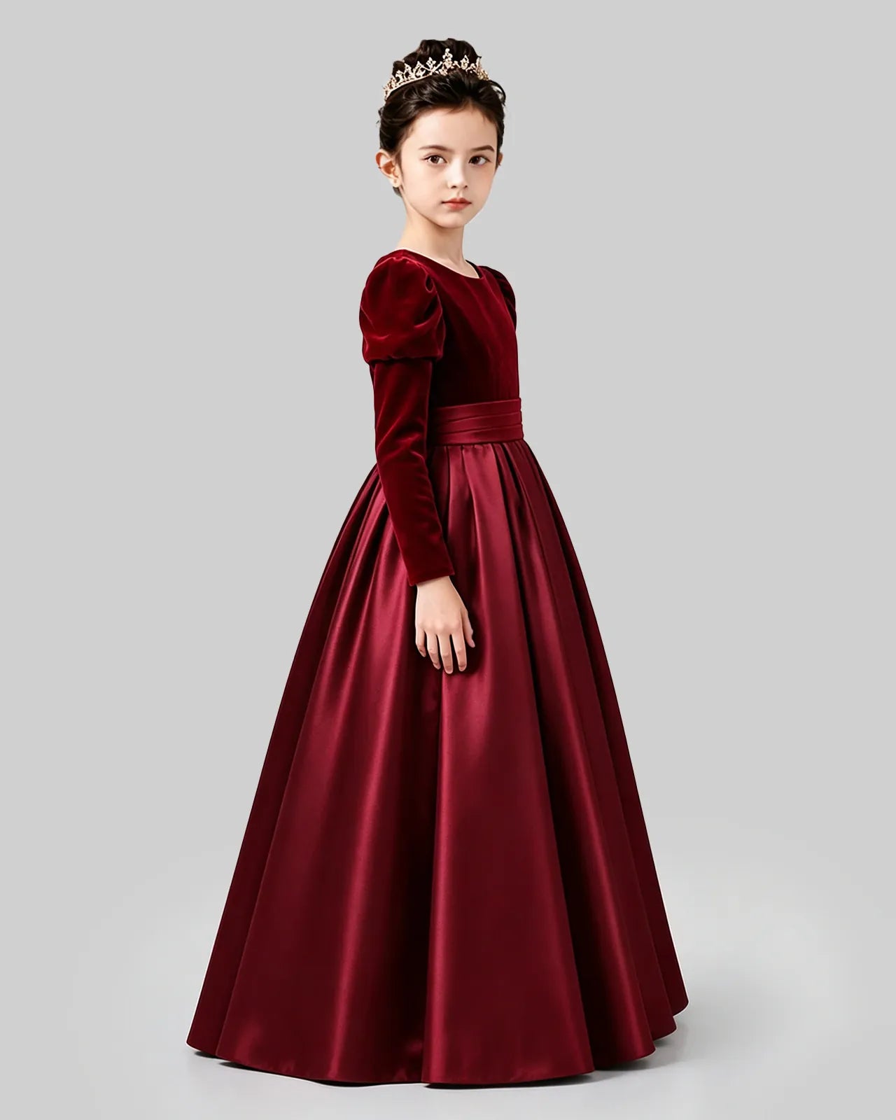 Burgundy Velvet Satin A-line Girls Formal Dress Side View
