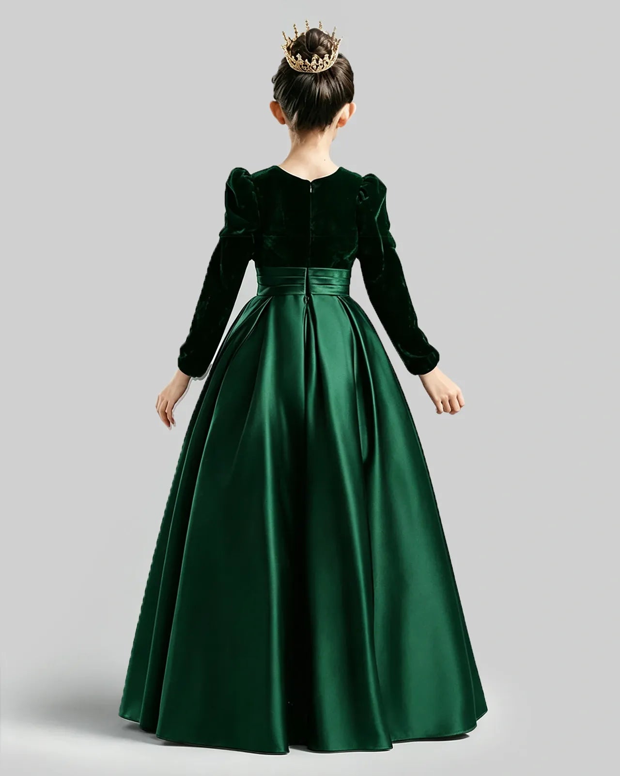Emerald Green Velvet Satin A-line Girls Formal Dress Back View
