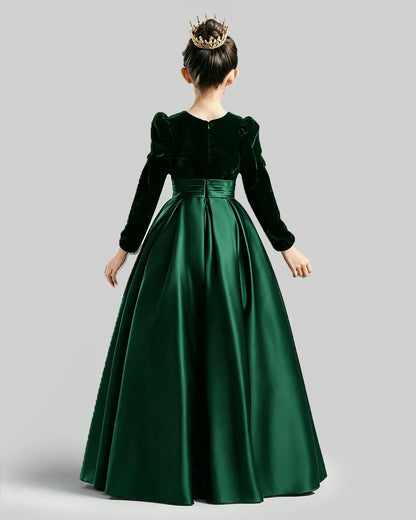 Emerald Green Velvet Satin A-line Girls Formal Dress Back View