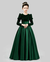 Emerald Green Velvet Satin A-line Girls Formal Dress Front View
