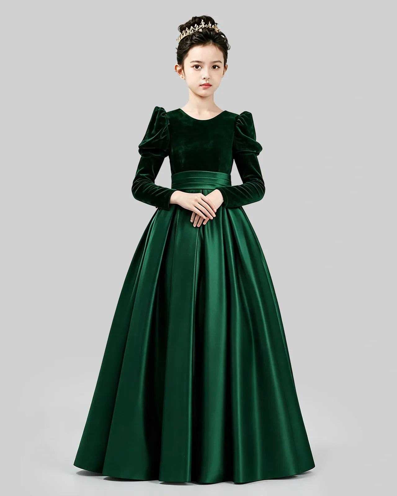 Emerald Green Velvet Satin A-line Girls Formal Dress Front View
