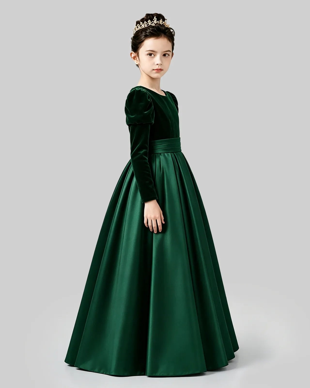 Emerald Green Velvet Satin A-line Girls Formal Dress Side View
