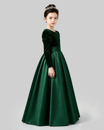 Emerald Green Velvet Satin A-line Girls Formal Dress Side View